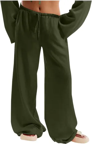 Lmdudan Women's Cotton Linen Sweatpants Drawstring Wide Leg Baggy Pants 2025 Summer Loose Comfy Trousers with Pockets