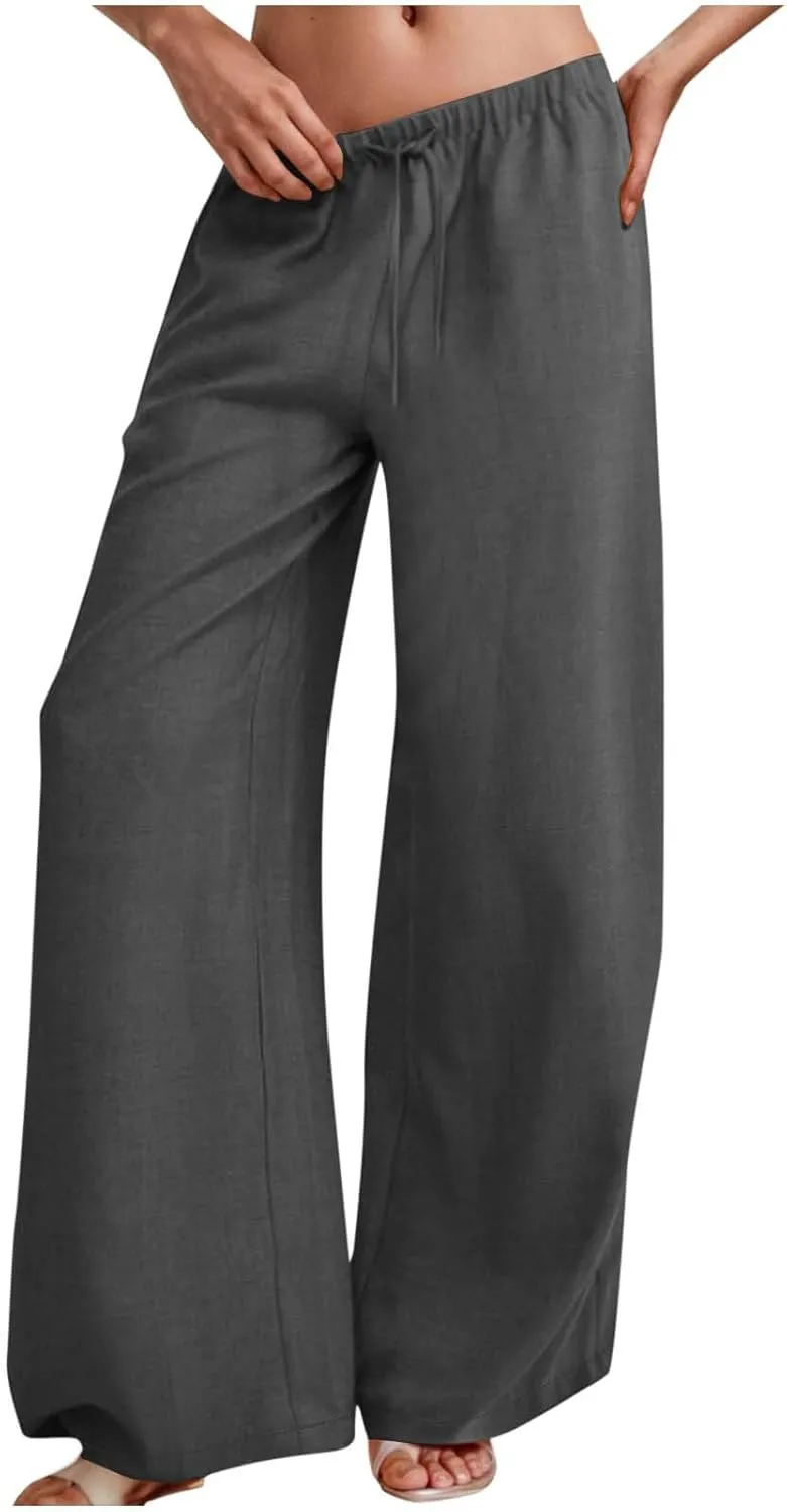 Lmdudan Women's Cotton Linen Sweatpants Drawstring Wide Leg Baggy Pants 2025 Summer Loose Comfy Trousers with Pockets