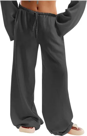 Lmdudan Women's Cotton Linen Sweatpants Drawstring Wide Leg Baggy Pants 2025 Summer Loose Comfy Trousers with Pockets