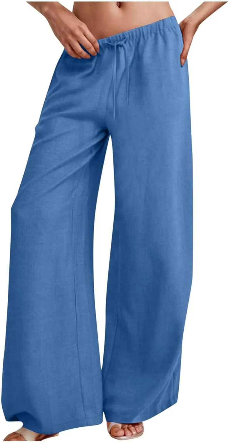 Lmdudan Women's Cotton Linen Sweatpants Drawstring Wide Leg Baggy Pants 2025 Summer Loose Comfy Trousers with Pockets