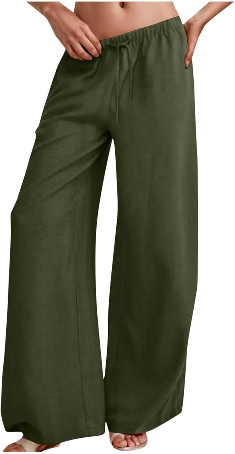 Lmdudan Women's Cotton Linen Sweatpants Drawstring Wide Leg Baggy Pants 2025 Summer Loose Comfy Trousers with Pockets