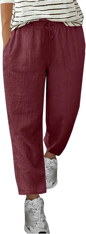 Lmdudan Women's Linen Straight Pants Elastic Waist Casual Trousers Pants 2025 Summer Drawstring Workout Pant with Pockets