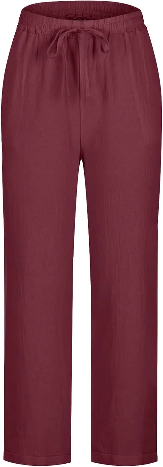 Lmdudan Women's Linen Straight Pants Elastic Waist Casual Trousers Pants 2025 Summer Drawstring Workout Pant with Pockets