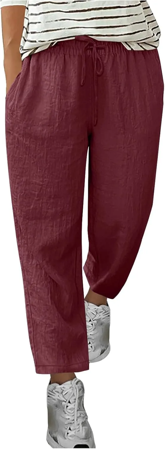 Lmdudan Women's Linen Straight Pants Elastic Waist Casual Trousers Pants 2025 Summer Drawstring Workout Pant with Pockets