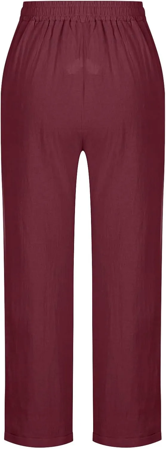 Lmdudan Women's Linen Straight Pants Elastic Waist Casual Trousers Pants 2025 Summer Drawstring Workout Pant with Pockets
