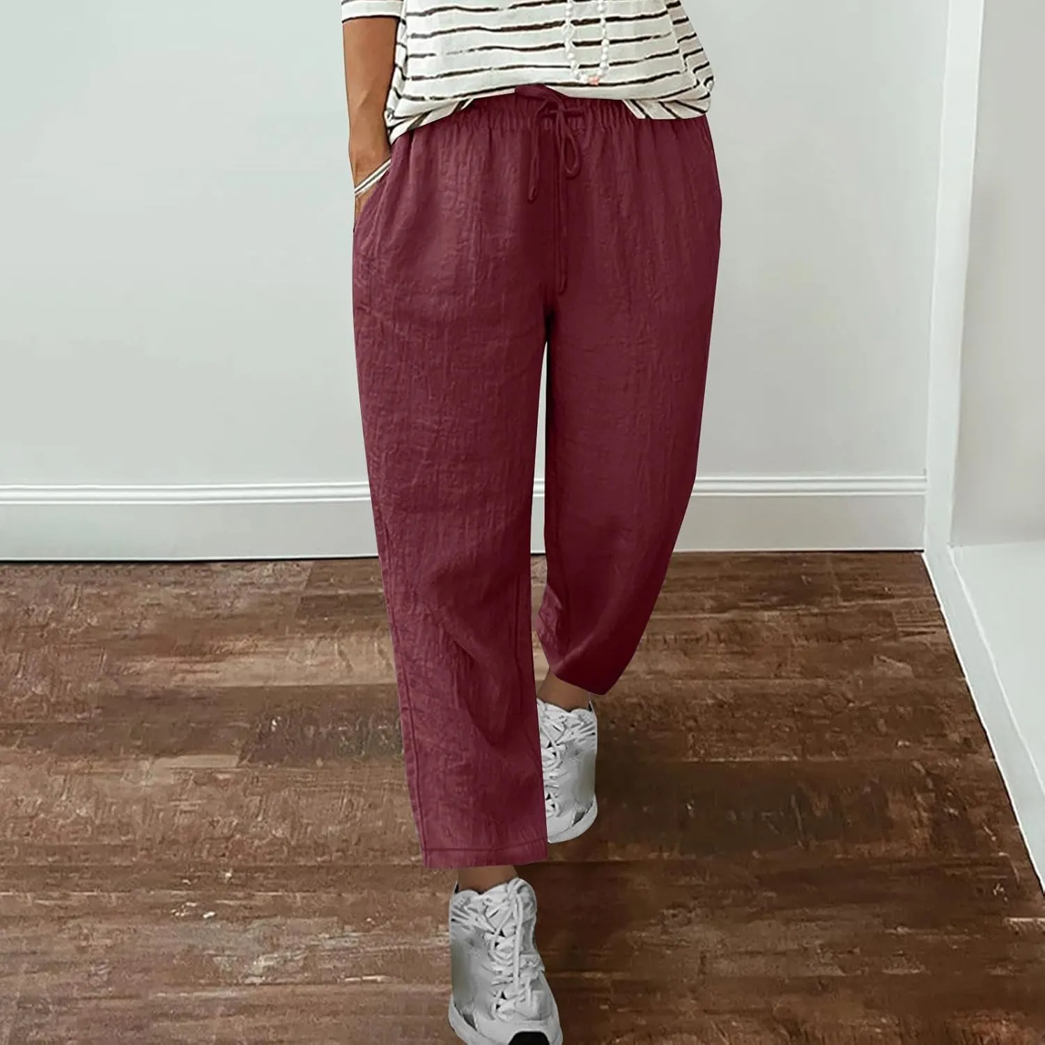 Lmdudan Women's Linen Straight Pants Elastic Waist Casual Trousers Pants 2025 Summer Drawstring Workout Pant with Pockets