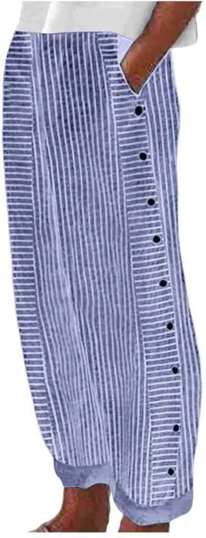 Loose Linen Pants For Women Petite Striped Print Cropped Trouser Drawstring Summer Soft Capri Sweatpant With Pocket