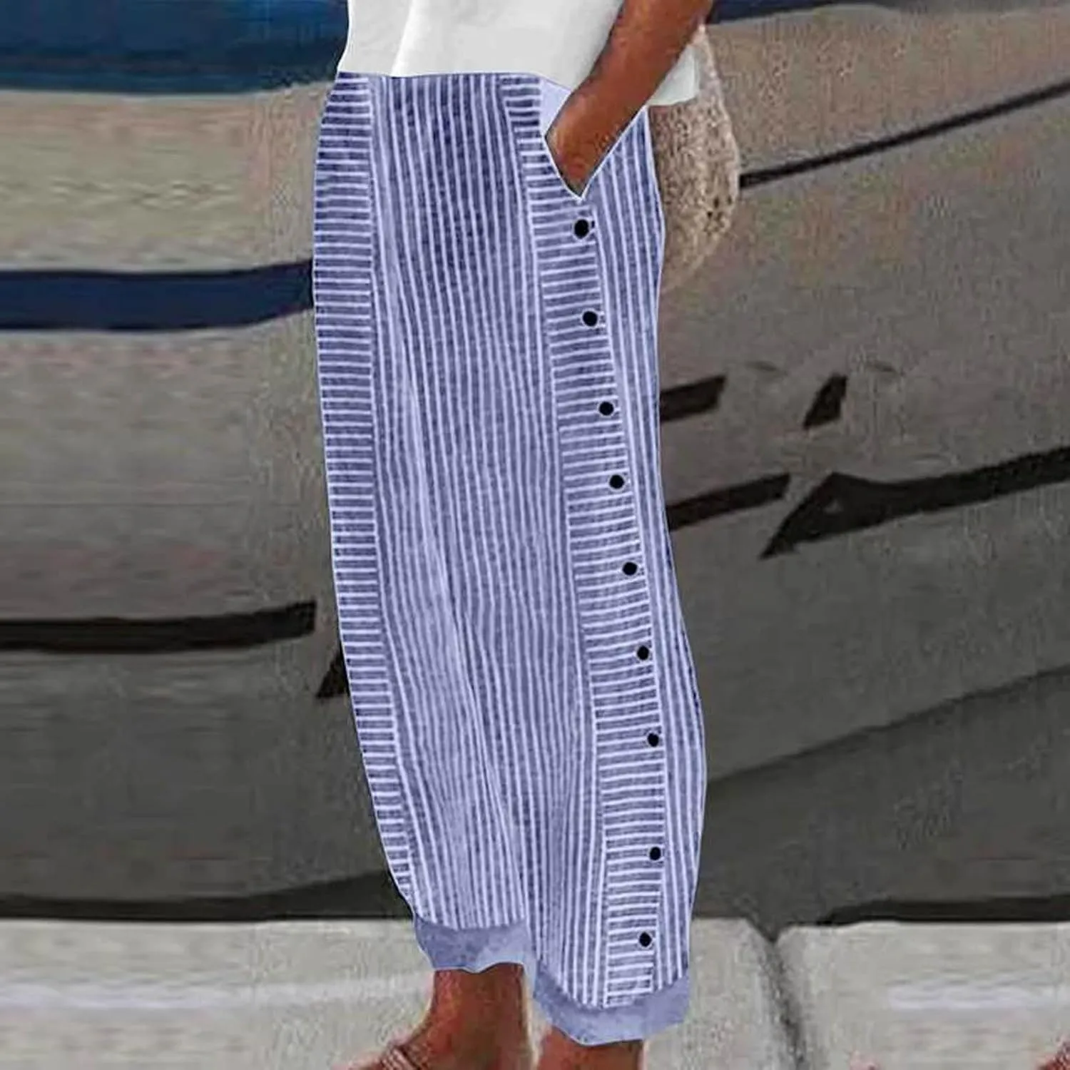 Loose Linen Pants For Women Petite Striped Print Cropped Trouser Drawstring Summer Soft Capri Sweatpant With Pocket