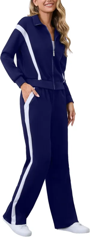 Lounge Sets for Women Sweatsuits 2 Piece Outfits Zip Up Sweatshirt Striped Wide Leg Sweatpants Tracksuit Matching Set
