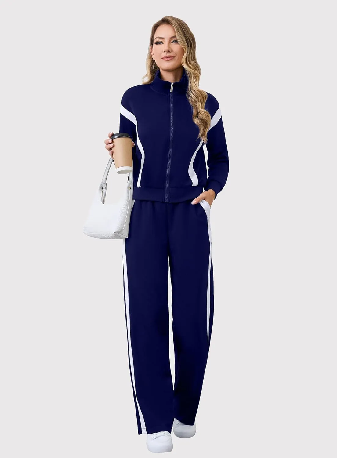 Lounge Sets for Women Sweatsuits 2 Piece Outfits Zip Up Sweatshirt Striped Wide Leg Sweatpants Tracksuit Matching Set