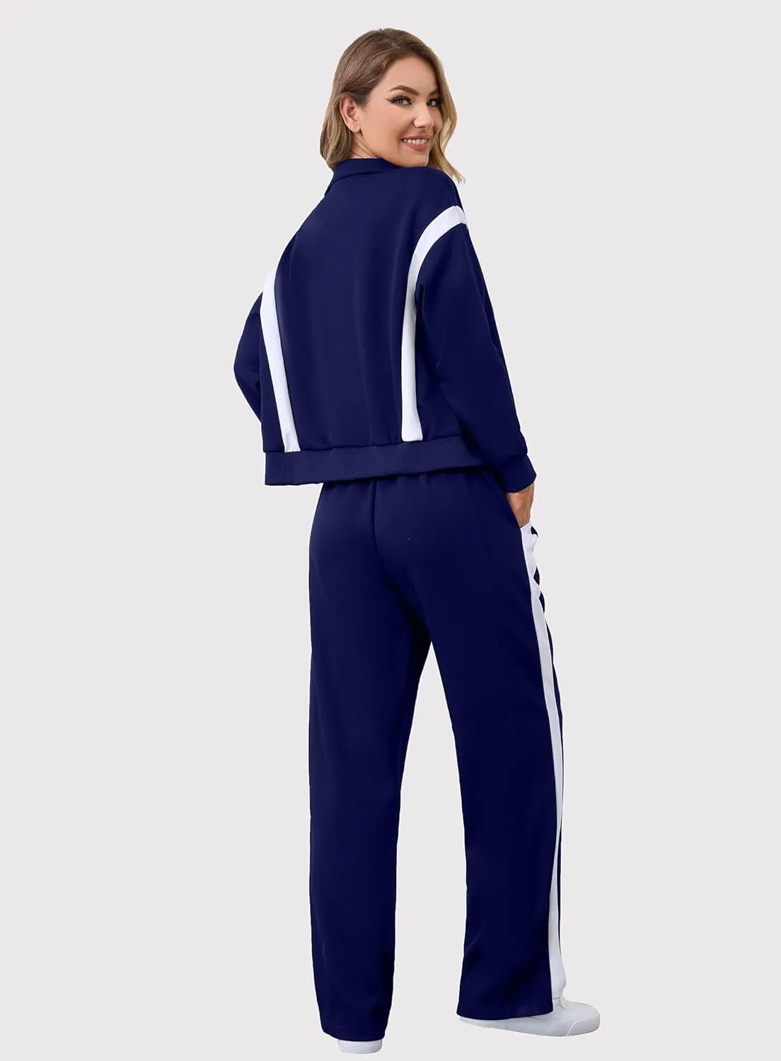 Lounge Sets for Women Sweatsuits 2 Piece Outfits Zip Up Sweatshirt Striped Wide Leg Sweatpants Tracksuit Matching Set