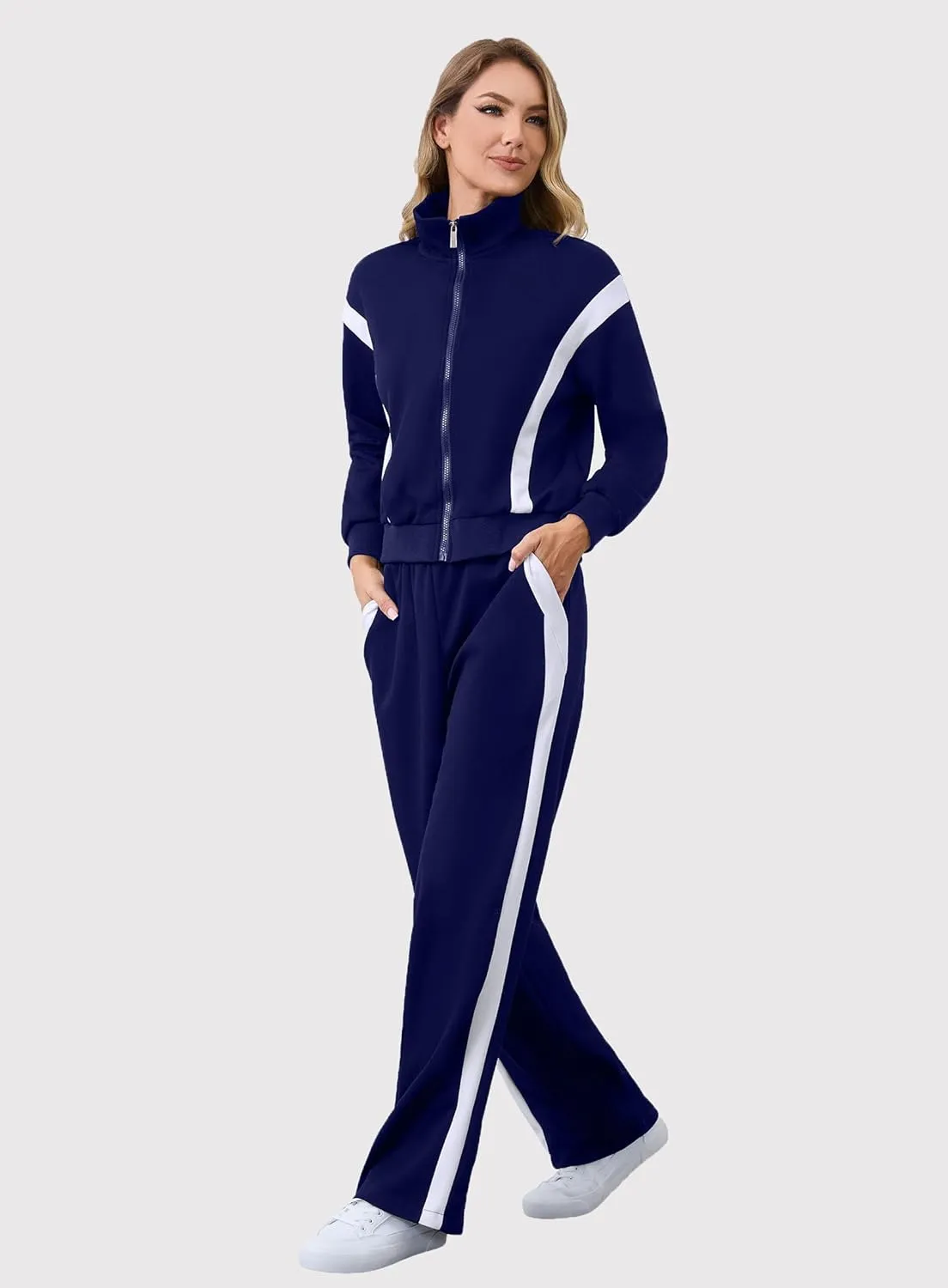 Lounge Sets for Women Sweatsuits 2 Piece Outfits Zip Up Sweatshirt Striped Wide Leg Sweatpants Tracksuit Matching Set
