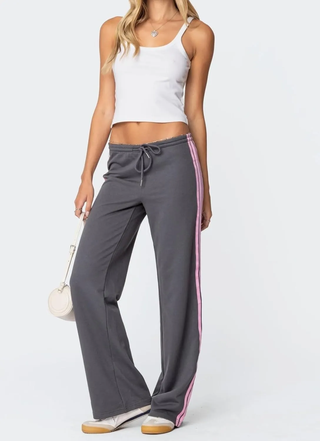 Luckinbaby Women Side Striped Track Pants Elastic Waist Wide Leg Sweatpants Contrast Stripes Drawstring Baggy Joggers
