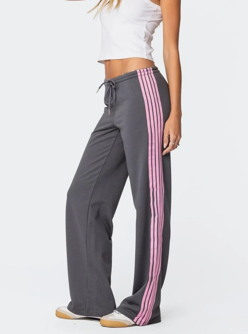 Luckinbaby Women Side Striped Track Pants Elastic Waist Wide Leg Sweatpants Contrast Stripes Drawstring Baggy Joggers