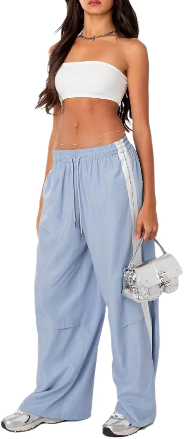 Luckinbaby Women Side Striped Track Pants Elastic Waist Wide Leg Sweatpants Contrast Stripes Drawstring Baggy Joggers