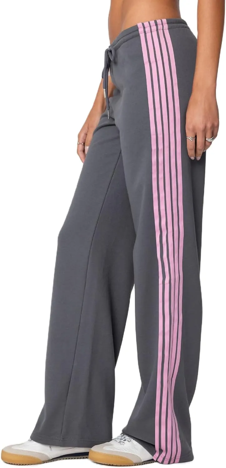 Luckinbaby Women Side Striped Track Pants Elastic Waist Wide Leg Sweatpants Contrast Stripes Drawstring Baggy Joggers