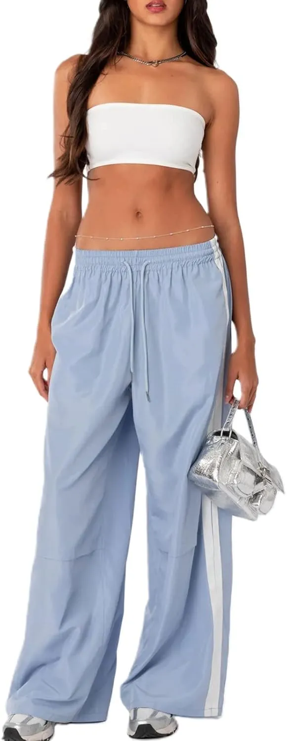 Luckinbaby Women Side Striped Track Pants Elastic Waist Wide Leg Sweatpants Contrast Stripes Drawstring Baggy Joggers