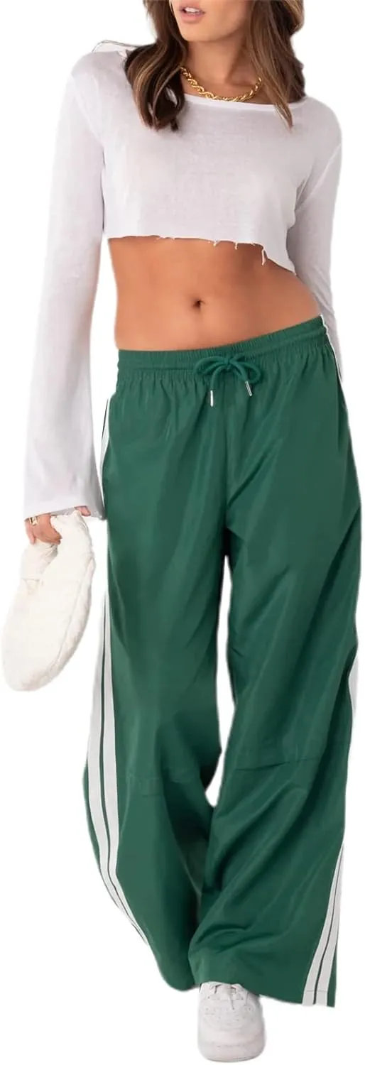 Luckinbaby Women Side Striped Track Pants Elastic Waist Wide Leg Sweatpants Contrast Stripes Drawstring Baggy Joggers