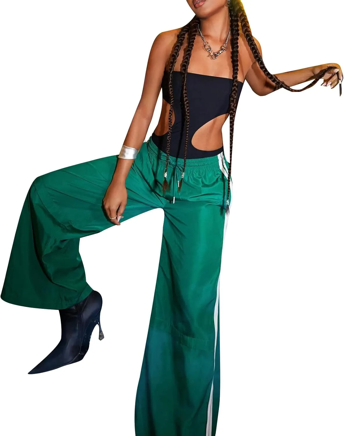 Luckinbaby Women Side Striped Track Pants Elastic Waist Wide Leg Sweatpants Contrast Stripes Drawstring Baggy Joggers