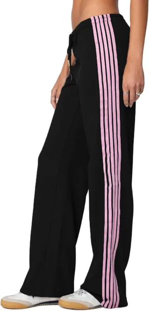 Luckinbaby Women Side Striped Track Pants Elastic Waist Wide Leg Sweatpants Contrast Stripes Drawstring Baggy Joggers
