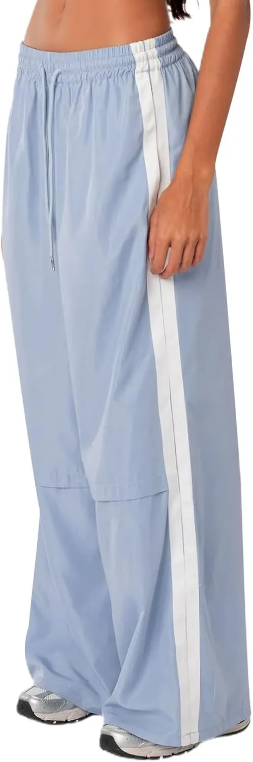 Luckinbaby Women Side Striped Track Pants Elastic Waist Wide Leg Sweatpants Contrast Stripes Drawstring Baggy Joggers