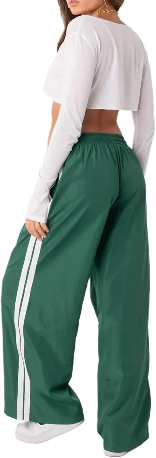 Luckinbaby Women Side Striped Track Pants Elastic Waist Wide Leg Sweatpants Contrast Stripes Drawstring Baggy Joggers