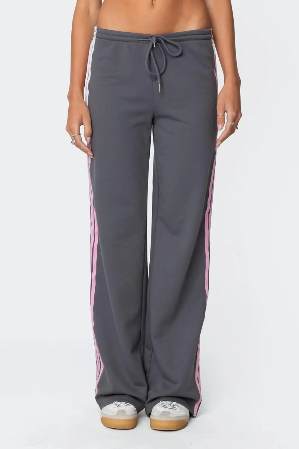 Luckinbaby Women Side Striped Track Pants Elastic Waist Wide Leg Sweatpants Contrast Stripes Drawstring Baggy Joggers