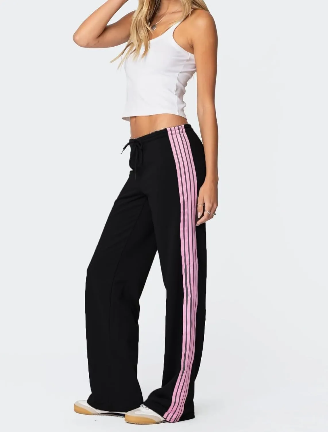 Luckinbaby Women Side Striped Track Pants Elastic Waist Wide Leg Sweatpants Contrast Stripes Drawstring Baggy Joggers