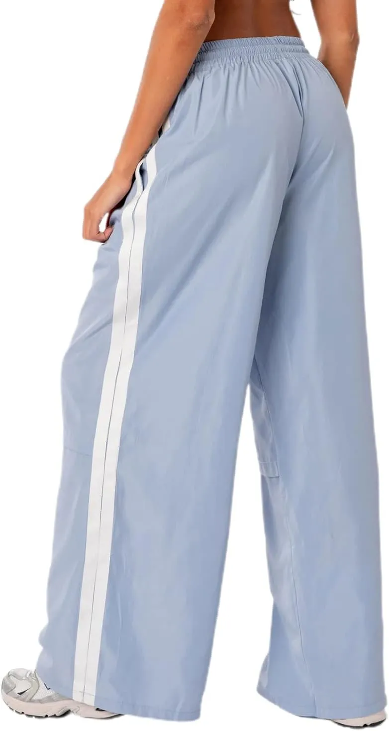 Luckinbaby Women Side Striped Track Pants Elastic Waist Wide Leg Sweatpants Contrast Stripes Drawstring Baggy Joggers