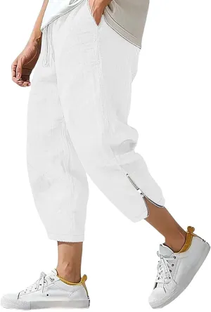 Men Linen Capri Pants Plus Size Drawstring Elastic Waist Zipper Cuffs Cropped Trousers Lightweight Beach Pants Pocket