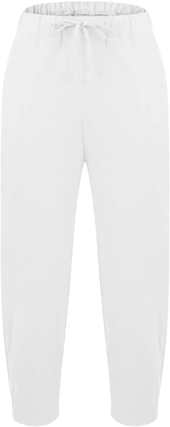 Men Linen Capri Pants Plus Size Drawstring Elastic Waist Zipper Cuffs Cropped Trousers Lightweight Beach Pants Pocket