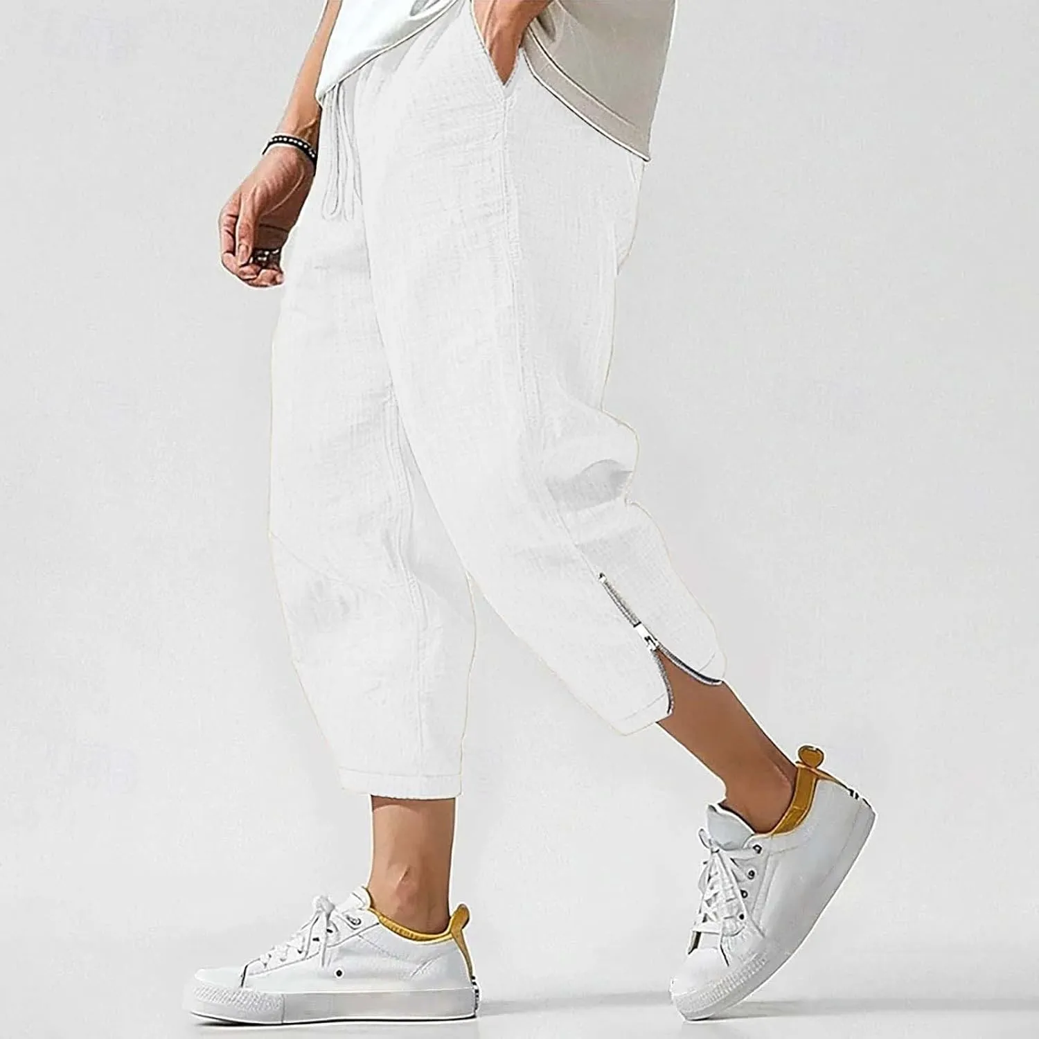 Men Linen Capri Pants Plus Size Drawstring Elastic Waist Zipper Cuffs Cropped Trousers Lightweight Beach Pants Pocket