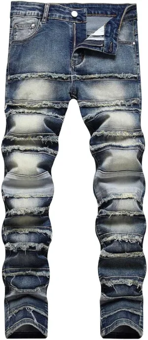 Men Ripped Jeans, Distressed Destroyed Slim Fit Straight Leg Trousers, Holes Hip Hop Biker Ripped Hole Denim Pants