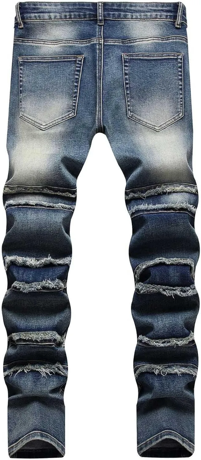 Men Ripped Jeans, Distressed Destroyed Slim Fit Straight Leg Trousers, Holes Hip Hop Biker Ripped Hole Denim Pants