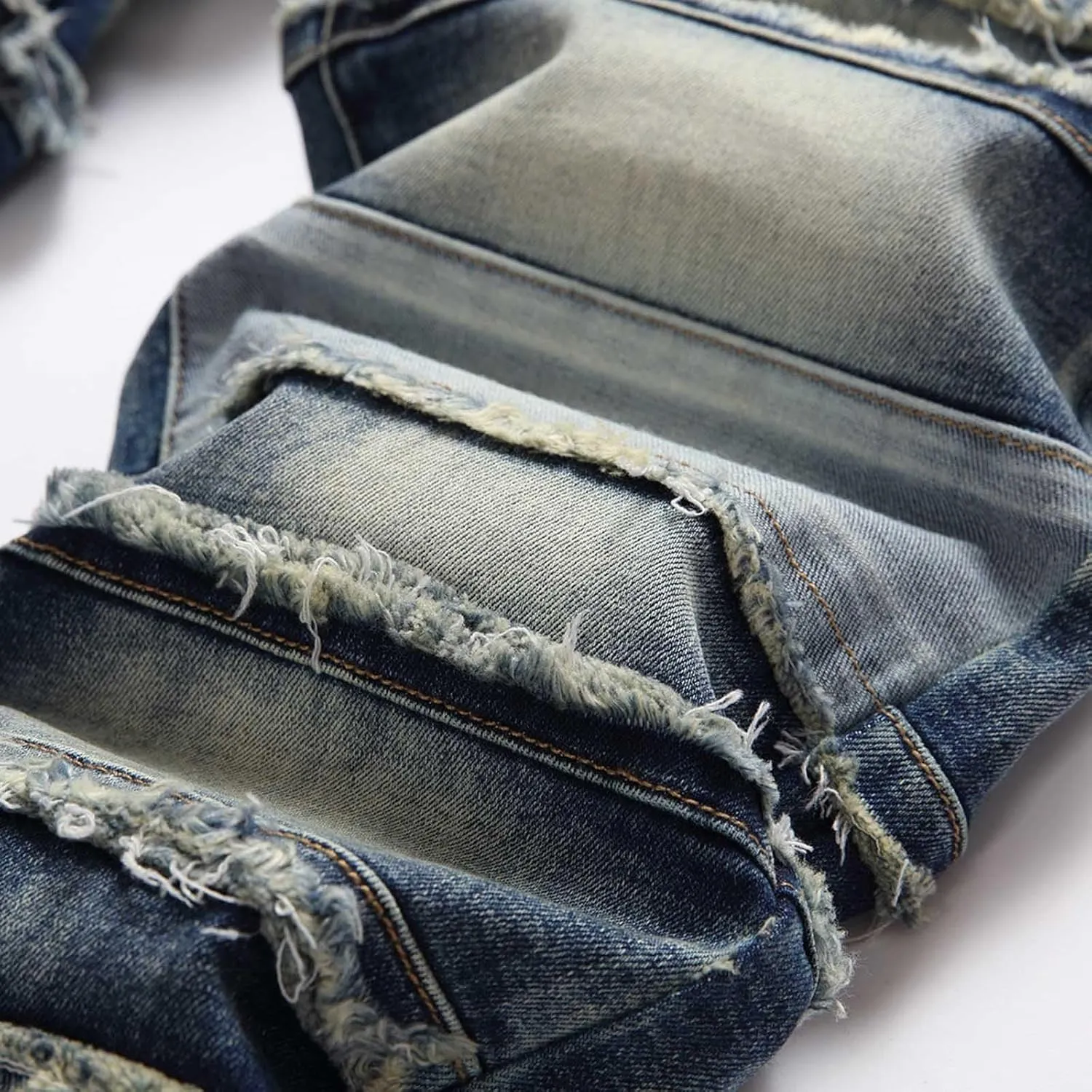 Men Ripped Jeans, Distressed Destroyed Slim Fit Straight Leg Trousers, Holes Hip Hop Biker Ripped Hole Denim Pants