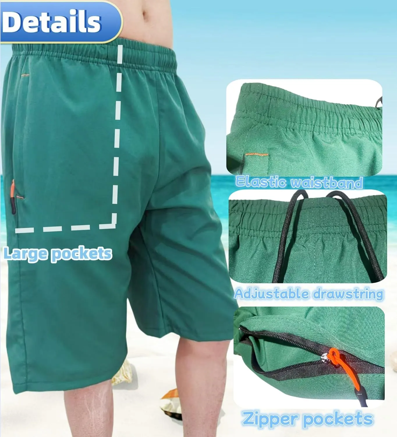 Men's Athletic Running Workout Shorts 11 inches Swim Trunks with Ziper Pockets Quick Dry Lightweight