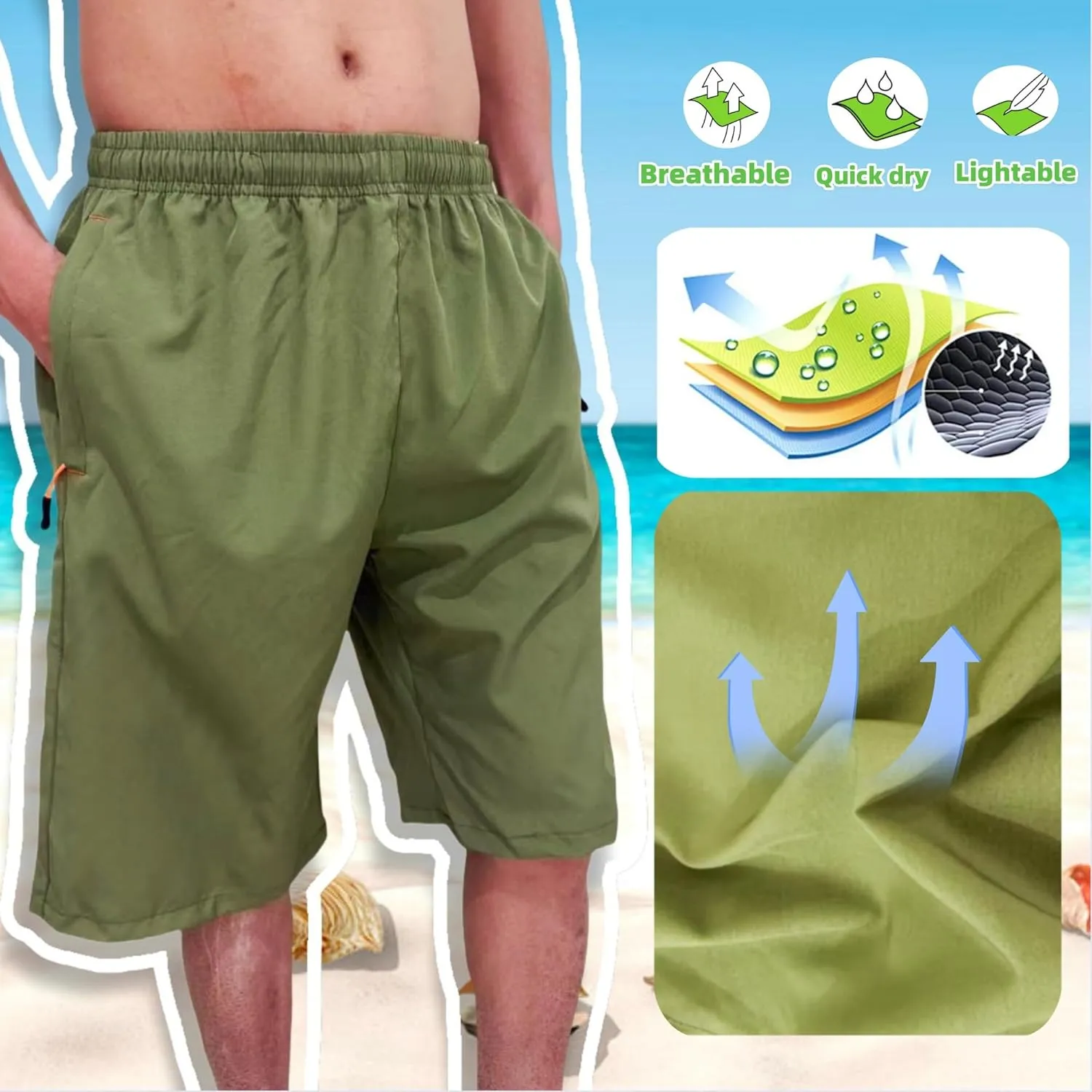 Men's Athletic Running Workout Shorts 11 inches Swim Trunks with Ziper Pockets Quick Dry Lightweight