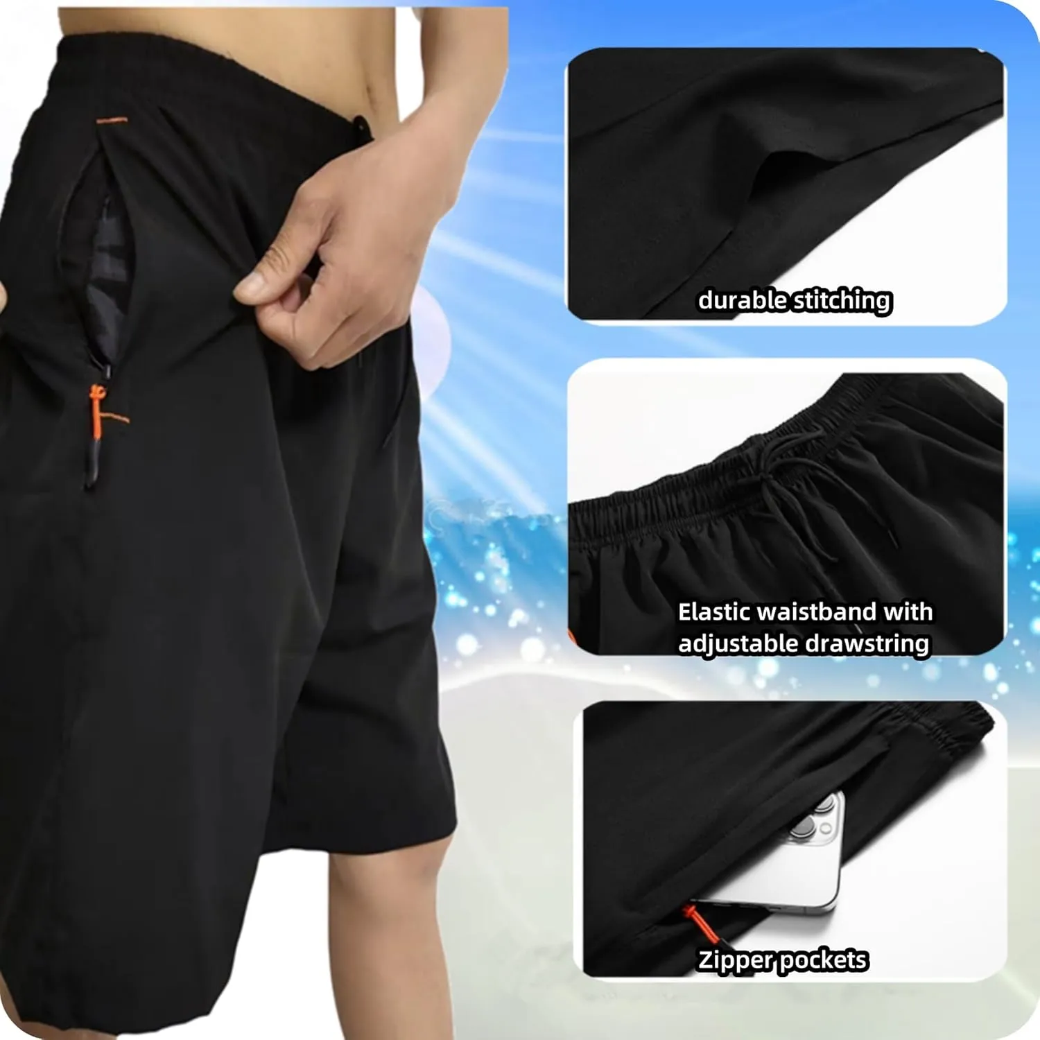Men's Athletic Running Workout Shorts 11 inches Swim Trunks with Ziper Pockets Quick Dry Lightweight