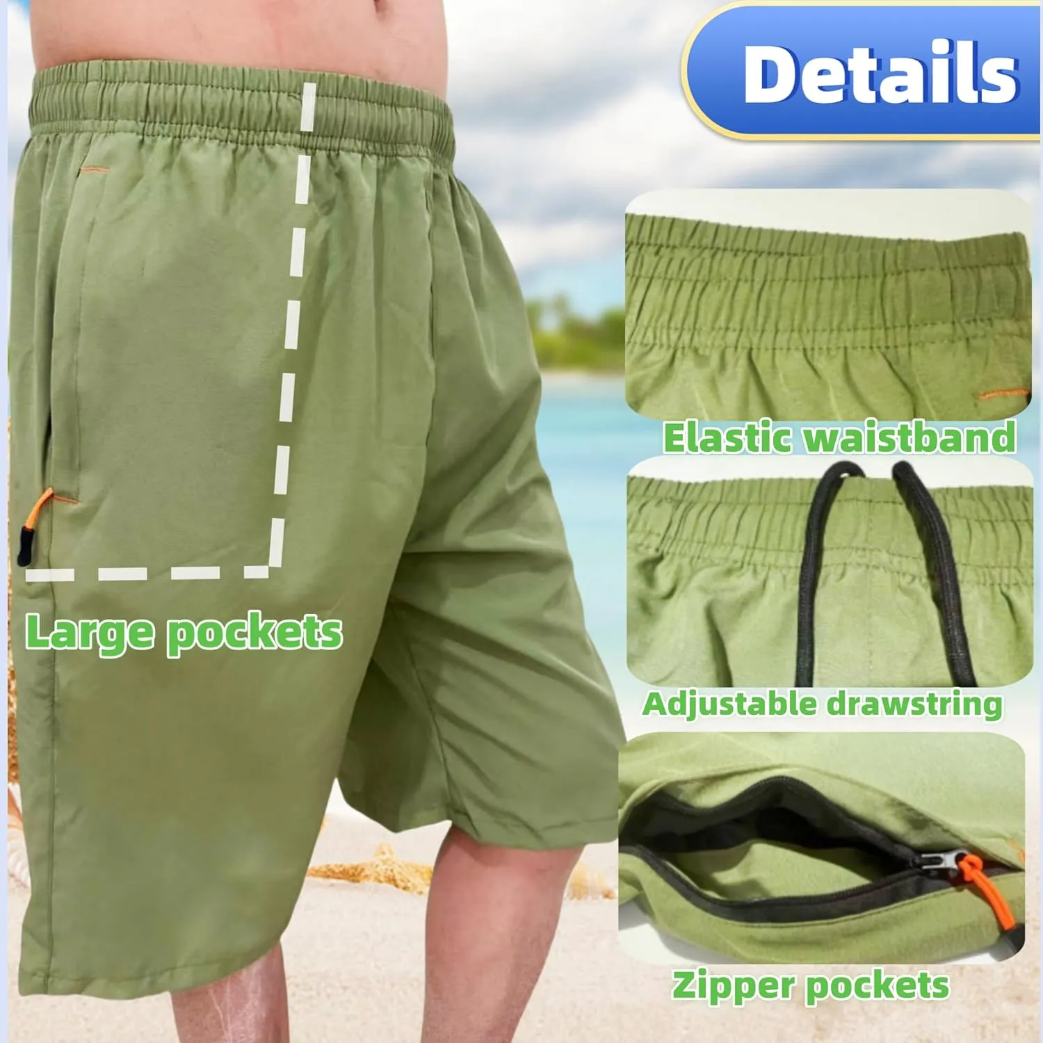 Men's Athletic Running Workout Shorts 11 inches Swim Trunks with Ziper Pockets Quick Dry Lightweight