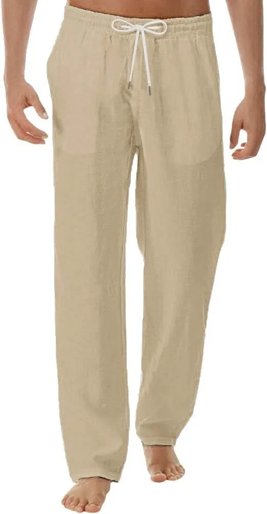 Mens Cotton Linen Pants Tall Elastic Drawstring Waist Lounge Beach Pants Summer Casual Straight Leg Dress Trousers