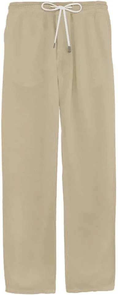 Mens Cotton Linen Pants Tall Elastic Drawstring Waist Lounge Beach Pants Summer Casual Straight Leg Dress Trousers