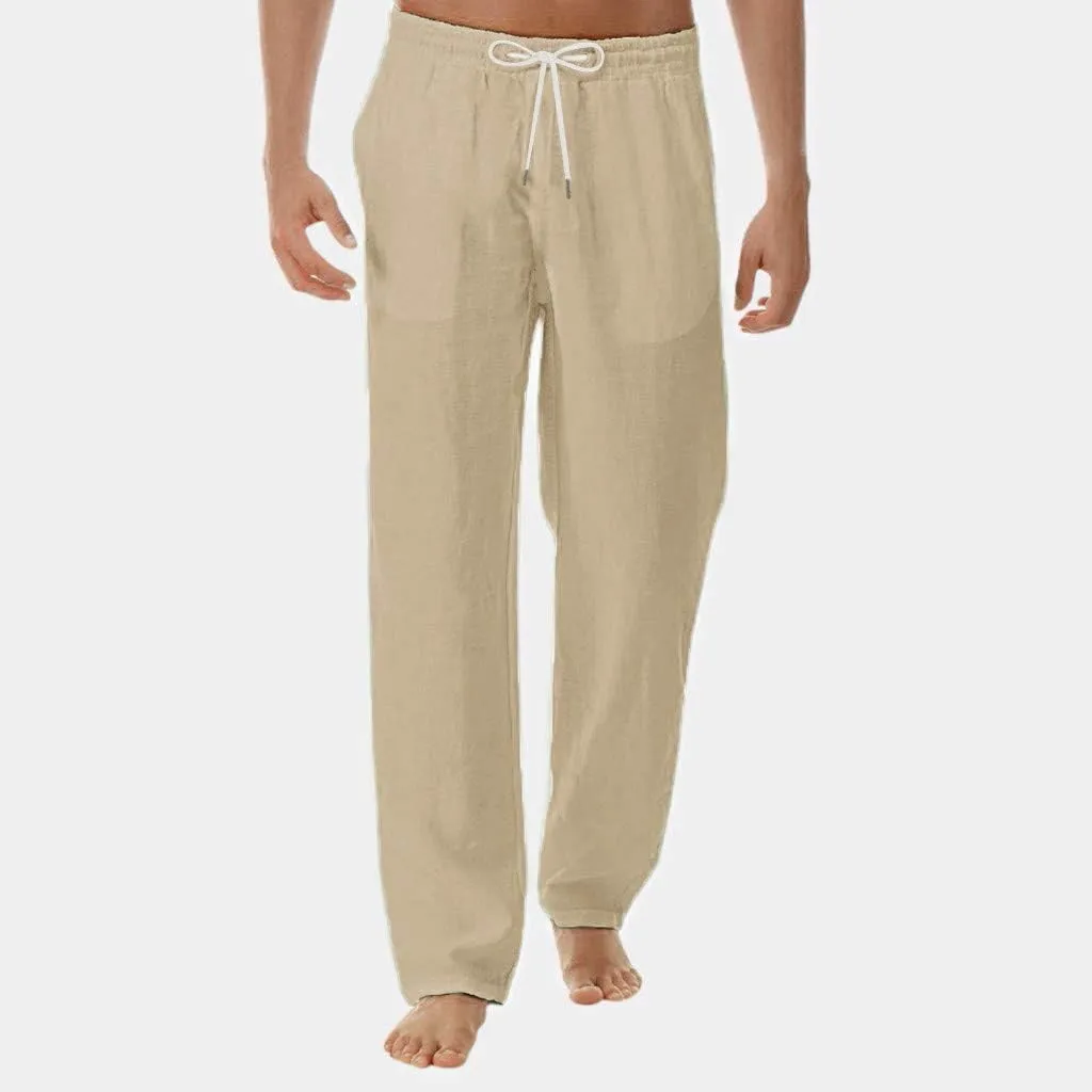 Mens Cotton Linen Pants Tall Elastic Drawstring Waist Lounge Beach Pants Summer Casual Straight Leg Dress Trousers