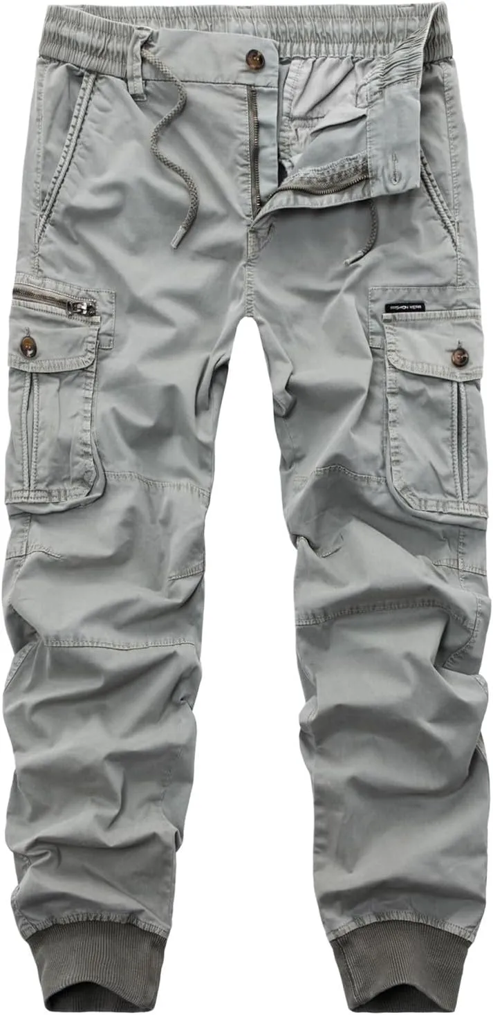 Mens Fashion Cargo Pants Casual Cotton Tapered Trousers Stretch Twill Drawstring Athletic Joggers Sweatpant with Pocket