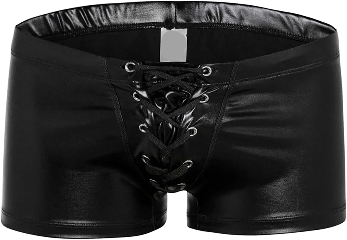 Men's Faux Leather Boxer Briefs Shiny Metallic Lace Up Underwear Sexy Drawstring Tie Rope Shorts Underpant, Black, 3X-Large