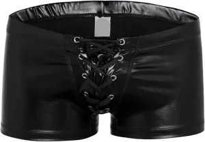 Men's Faux Leather Boxer Briefs Shiny Metallic Lace Up Underwear Sexy Drawstring Tie Rope Shorts Underpant, Black, 3X-Large
