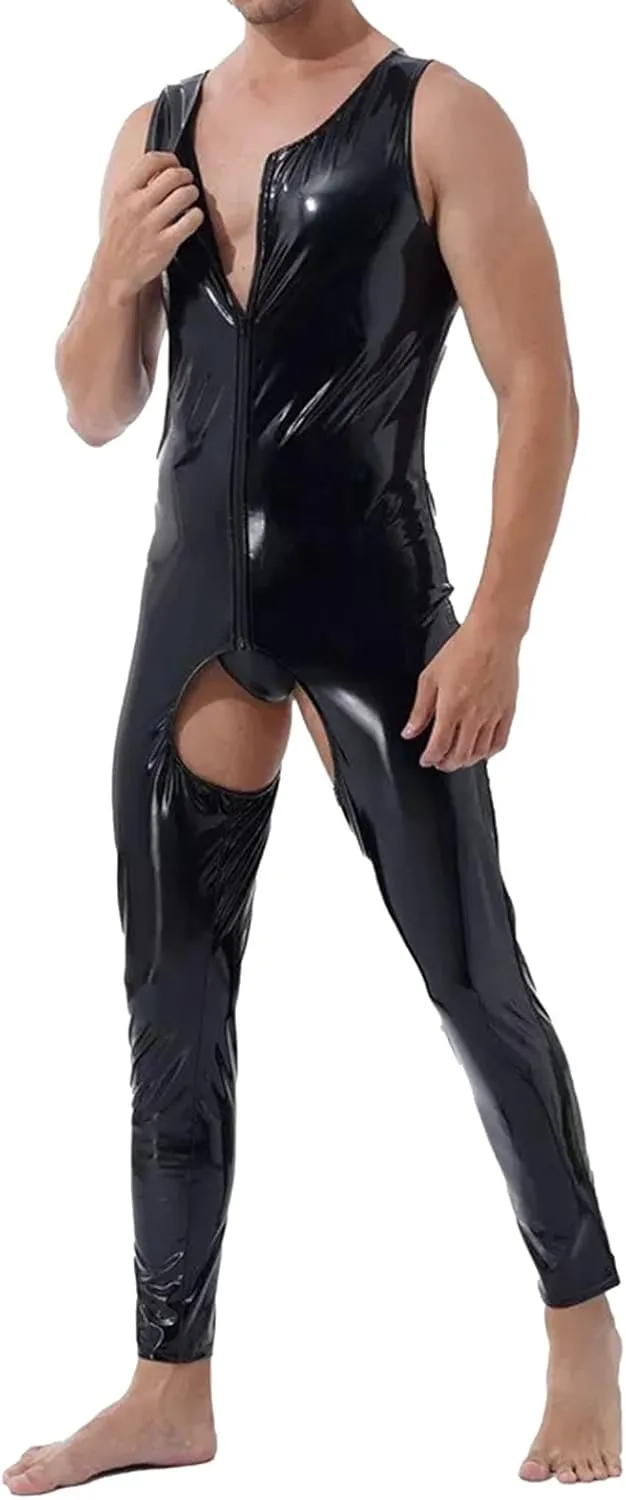 Men's Faux PU Leather Jumpsuit Shiny Leather Bodysuit Pole Dance Leotard Adult Onesie Singlet