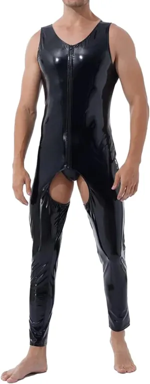 Men's Faux PU Leather Jumpsuit Shiny Leather Bodysuit Pole Dance Leotard Adult Onesie Singlet