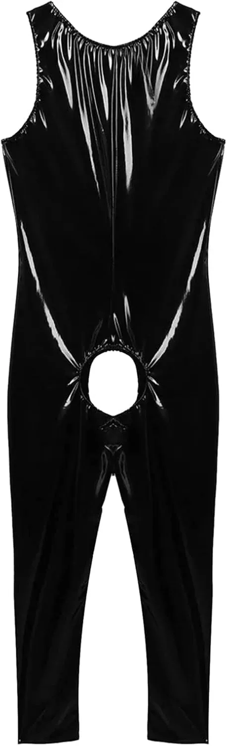 Men's Faux PU Leather Jumpsuit Shiny Leather Bodysuit Pole Dance Leotard Adult Onesie Singlet