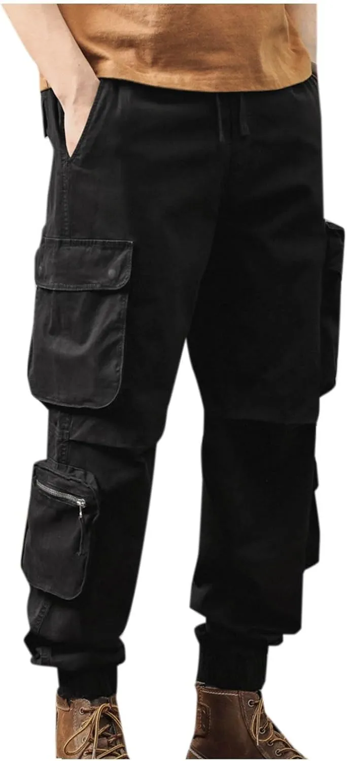 Men's Hiking Cargo Pants Joggers Slim Fit Stretch Lightweight Casual Work Pants with Multi Pockets Drawstring Waist