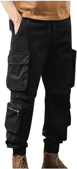 Men's Hiking Cargo Pants Joggers Slim Fit Stretch Lightweight Casual Work Pants with Multi Pockets Drawstring Waist